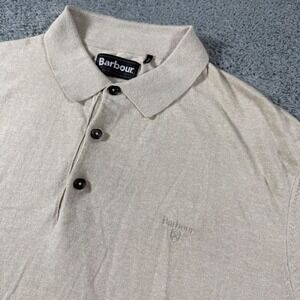 Barbour Knit Polo Shirt Mens XL Cotton Linen Short Sleeve Spell Out Chest Logo